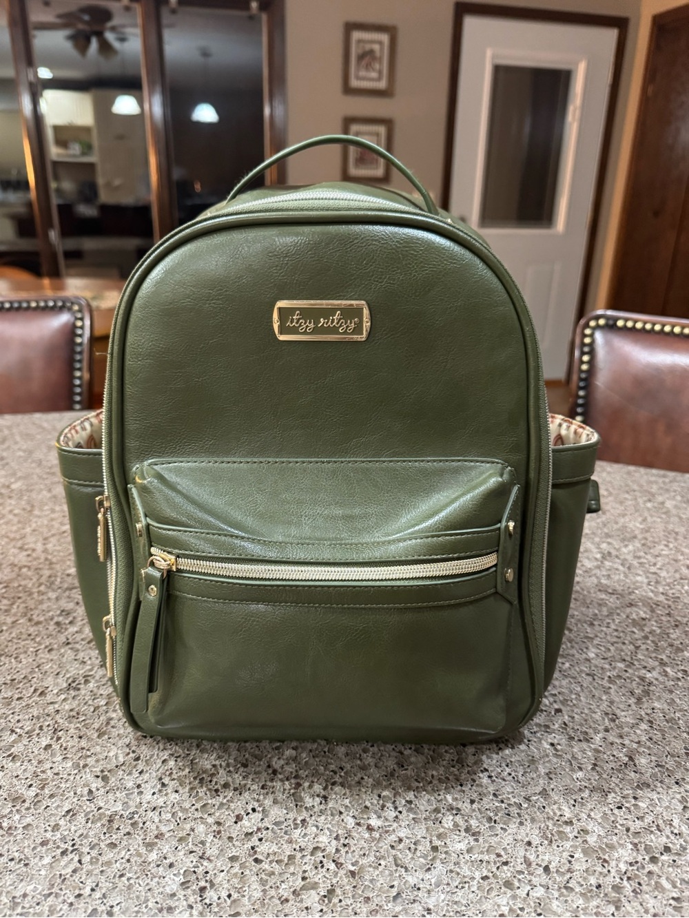 Itzy Ritzy Olive Green Backpack with Gold Accents